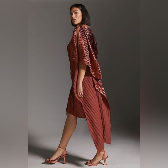 NWT ❤️GUAPA ❤️GORGEOUS❤️ANTHROPOLOGY ❤️One-Shoulder Midi Dress 14P Copper - Picture 3 of 14